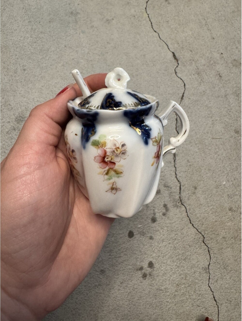 Porcelain Floral Sugar Bowl w Lid & Spoon, Handles, White Blue Gold Trim